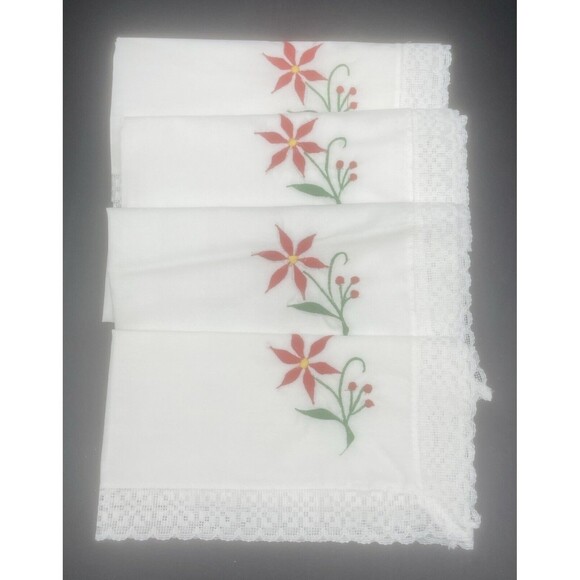 VTG Homemade White Cotton Napkins W/ Red & Green Flower & Lace Edge 16.5” -4 PC - Picture 1 of 10